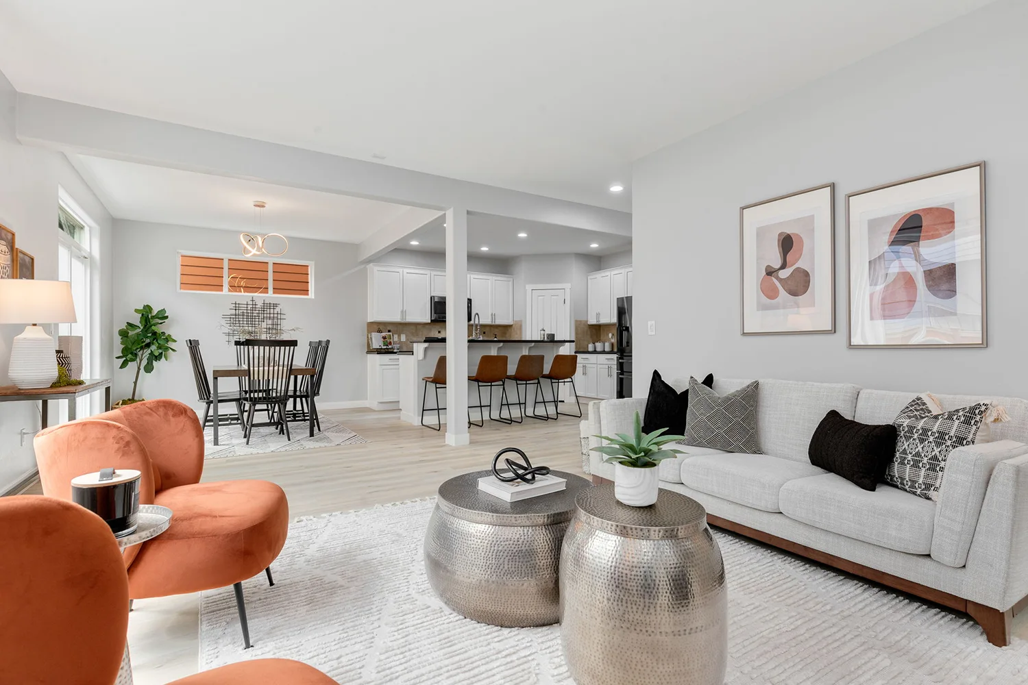 Interior painting Everett WA — elegant living room with light gray walls and ceiling