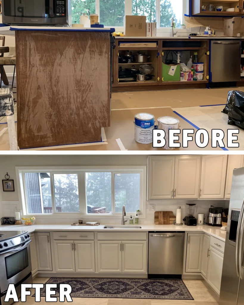 Before and after kitchen cabinets transformation, from worn and damaged wood to a smooth and modern white finish