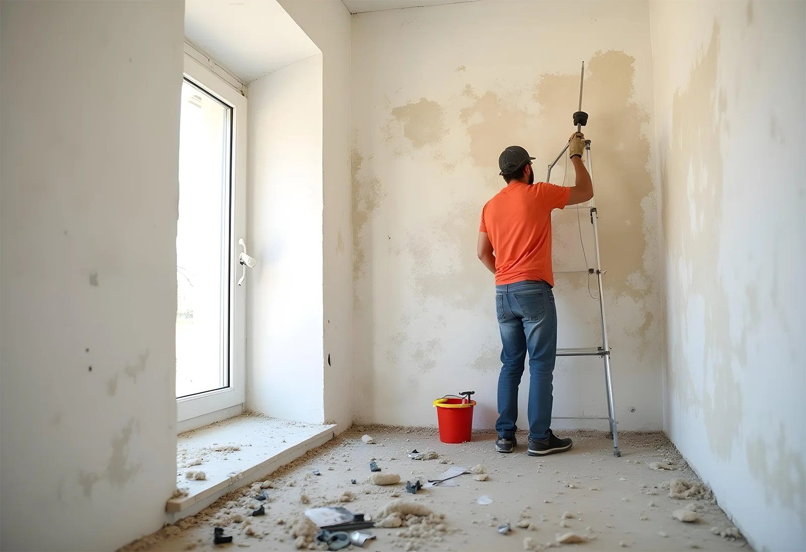 Painter removing old paint from wall during prep before interior painting Everett WA