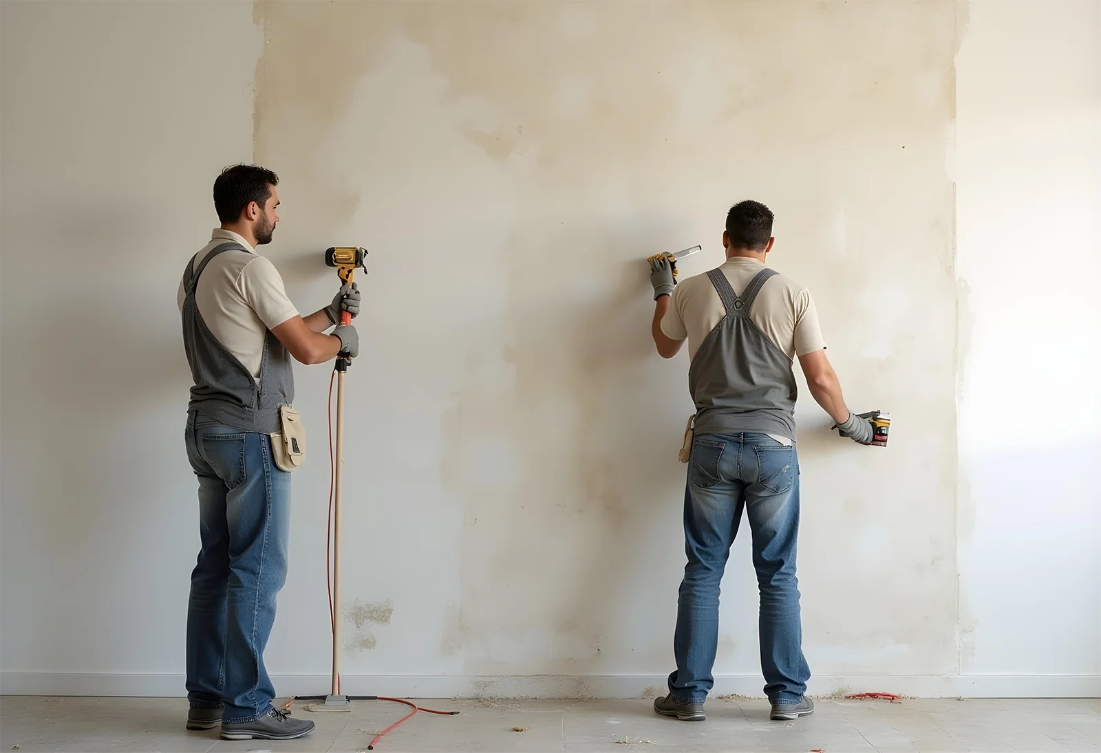 Two professional painters doing wallpaper removal Everett WA to prepare walls for a smooth paint finish
