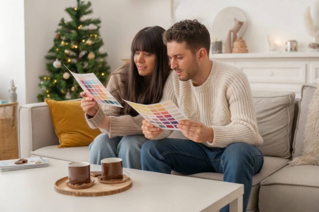 Couple sitting on a couch with Christmas decor, reviewing color options for their upcoming painting project