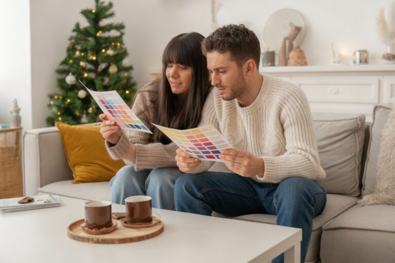 Couple sitting on a couch with Christmas decor, reviewing color options for their upcoming painting project