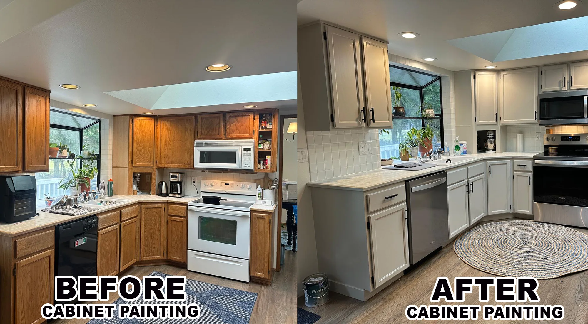 Before and after cabinet painting over replacement highlighting full kitchen transformation.