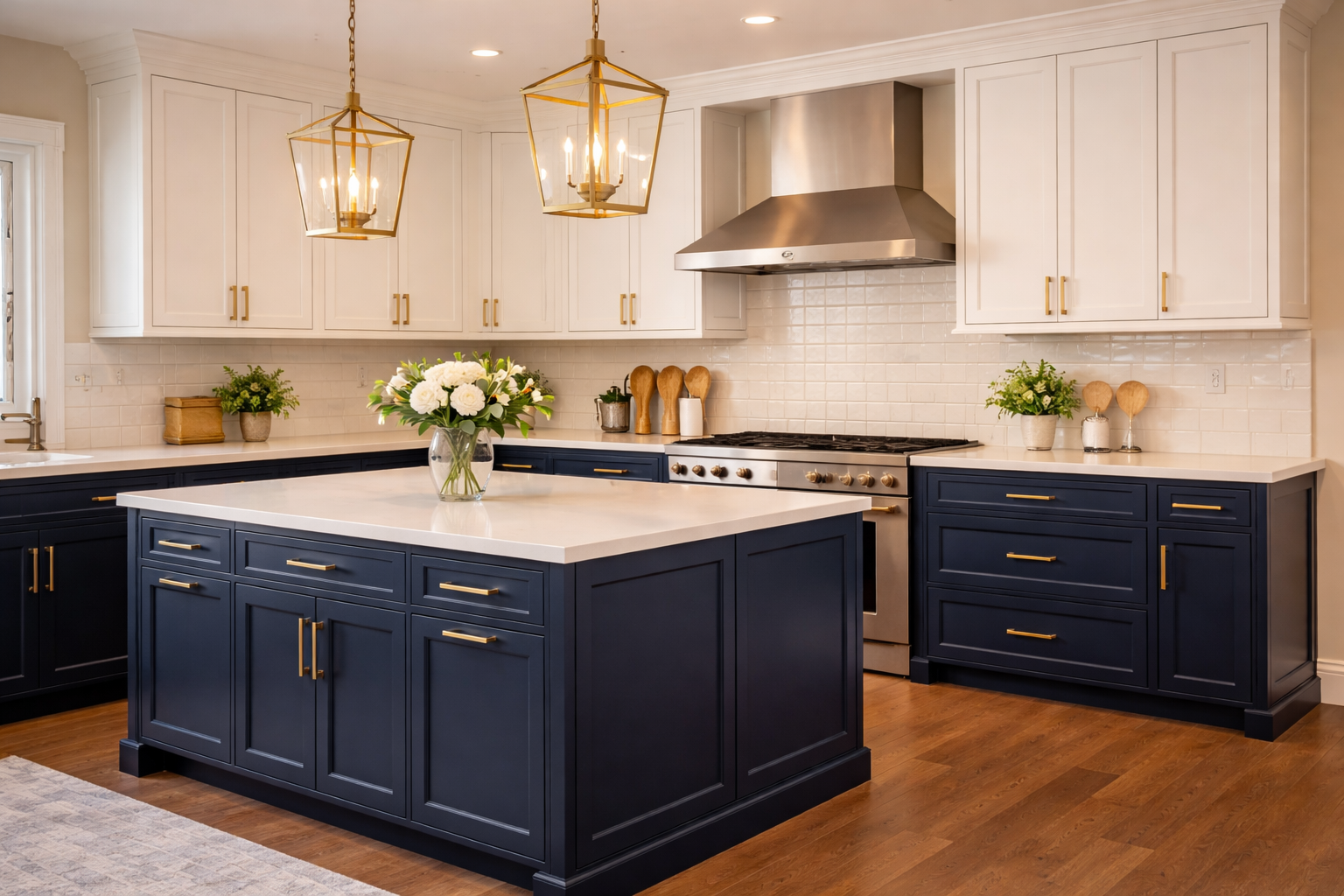 Navy blue kitchen cabinets with gold hardware showcasing bold 2026 color trends.