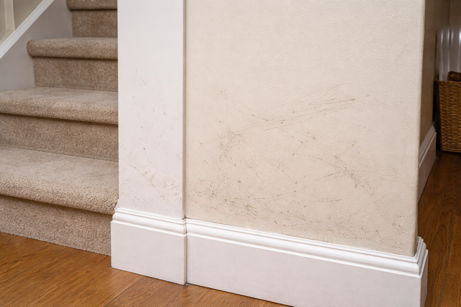 Scuffed hallway wall and baseboard near staircase showing wear in a high-traffic area that needs repainting.