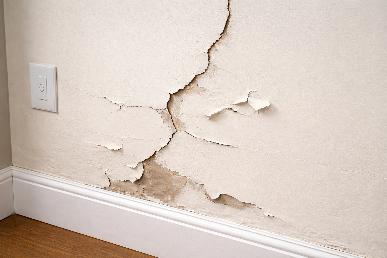 Interior wall with cracks, peeling paint, and damaged surface showing signs your home needs a new paint job.