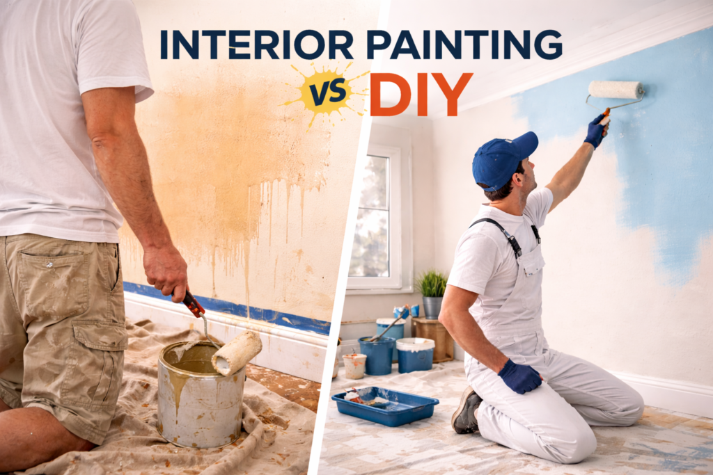 Interior painting vs DIY comparison showing messy paint application on one side and professional painter achieving smooth wall finish.